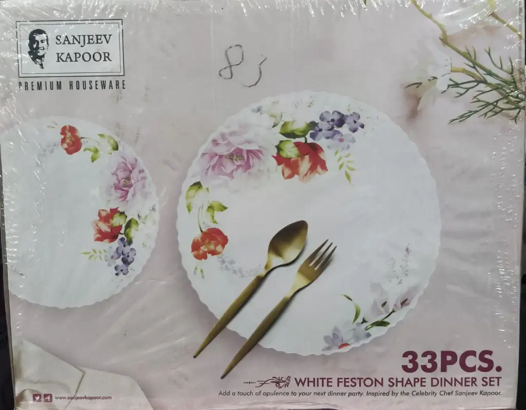 Dinner set Sanjeev kapoor 33 pieces white feston shape with polyform  gift box