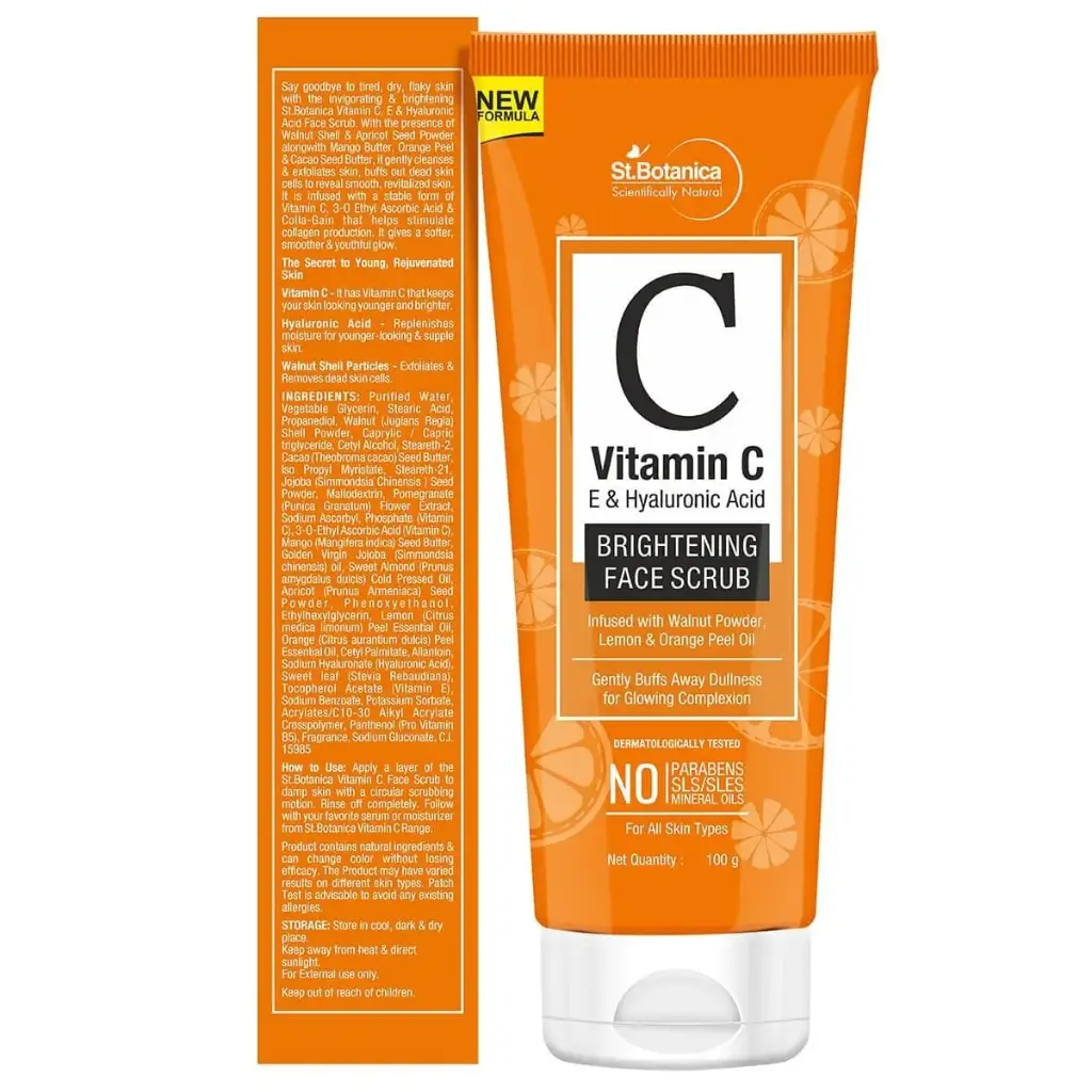 St.Botanica Scientificalle Nattral Vitamin C E & Hyaluronic Acid BRIGHTENING FACE SCRUB Infused with Walnut Powder.