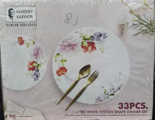 [625] Dinner set Sanjeev kapoor 33 pieces white feston shape with polyform  gift box